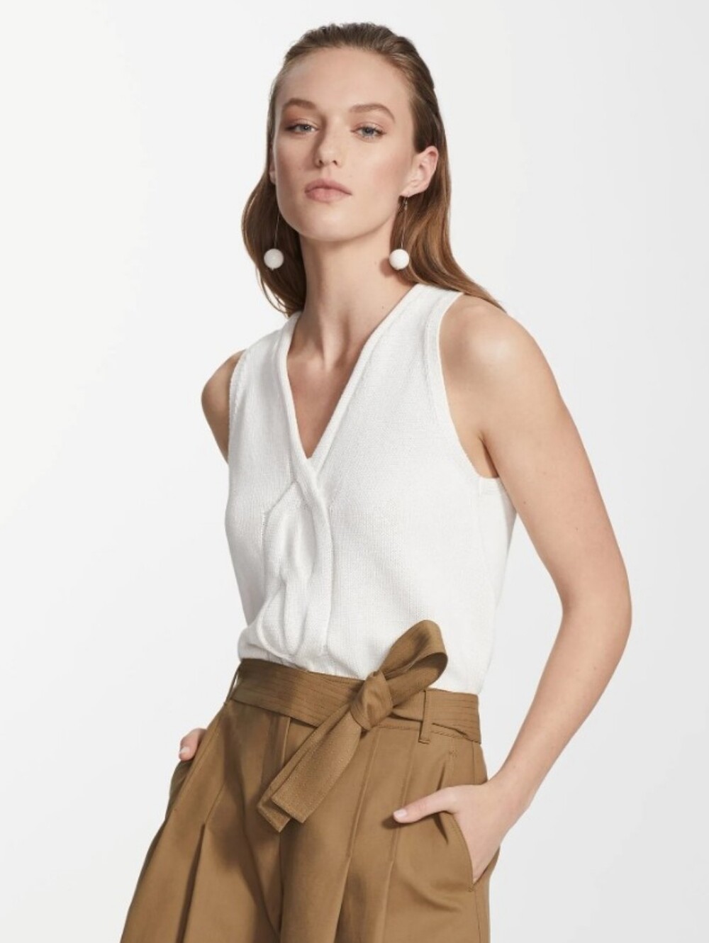NEW Lafayette 148 Cream Ecru Knit V-Neck Sleeveless Vest Tank Top Cotton Silk, L